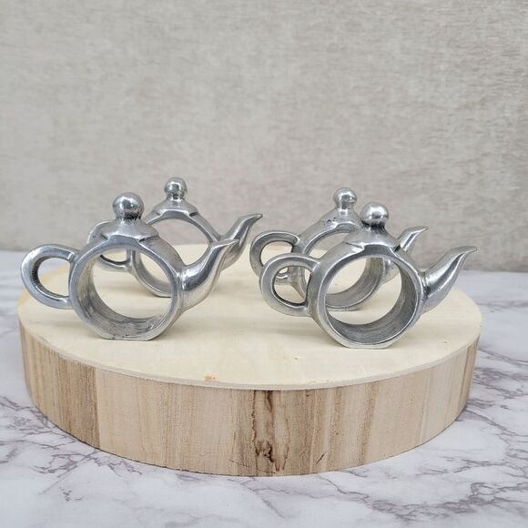 Silver Toned Teapot Napkin Rings Napkin Ring Holders - Picture 2 of 7